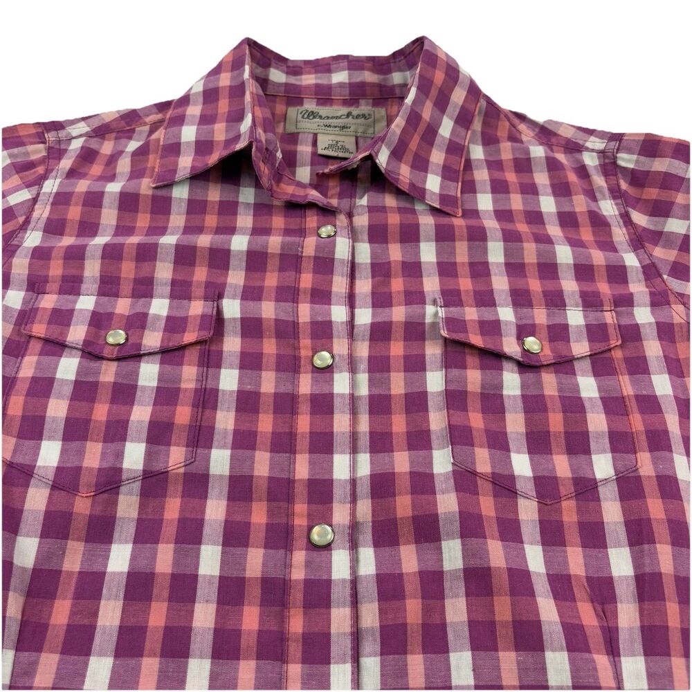 Vintage Western Pearl Snap Wrancher Wrangler Womens Small Pink Check Plaid